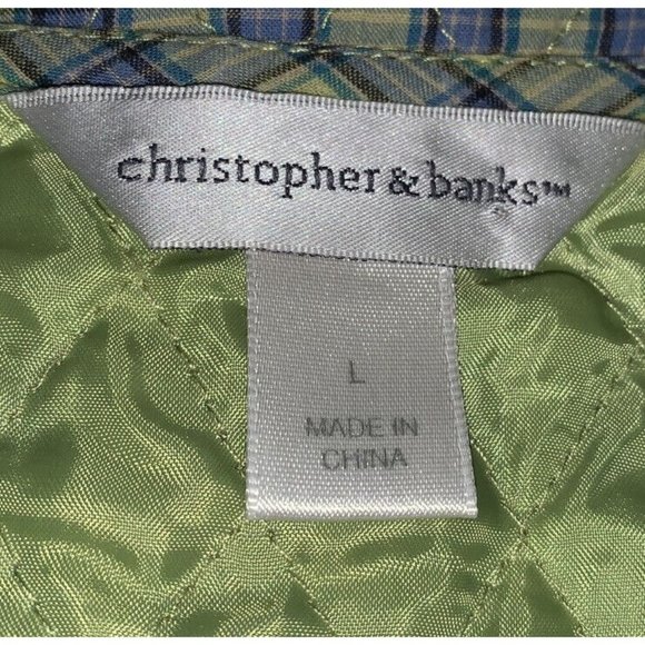 Christopher & Banks Sz LARGE Vest Cotton Green Plaid Button Front Quilted EUC - Picture 7 of 9
